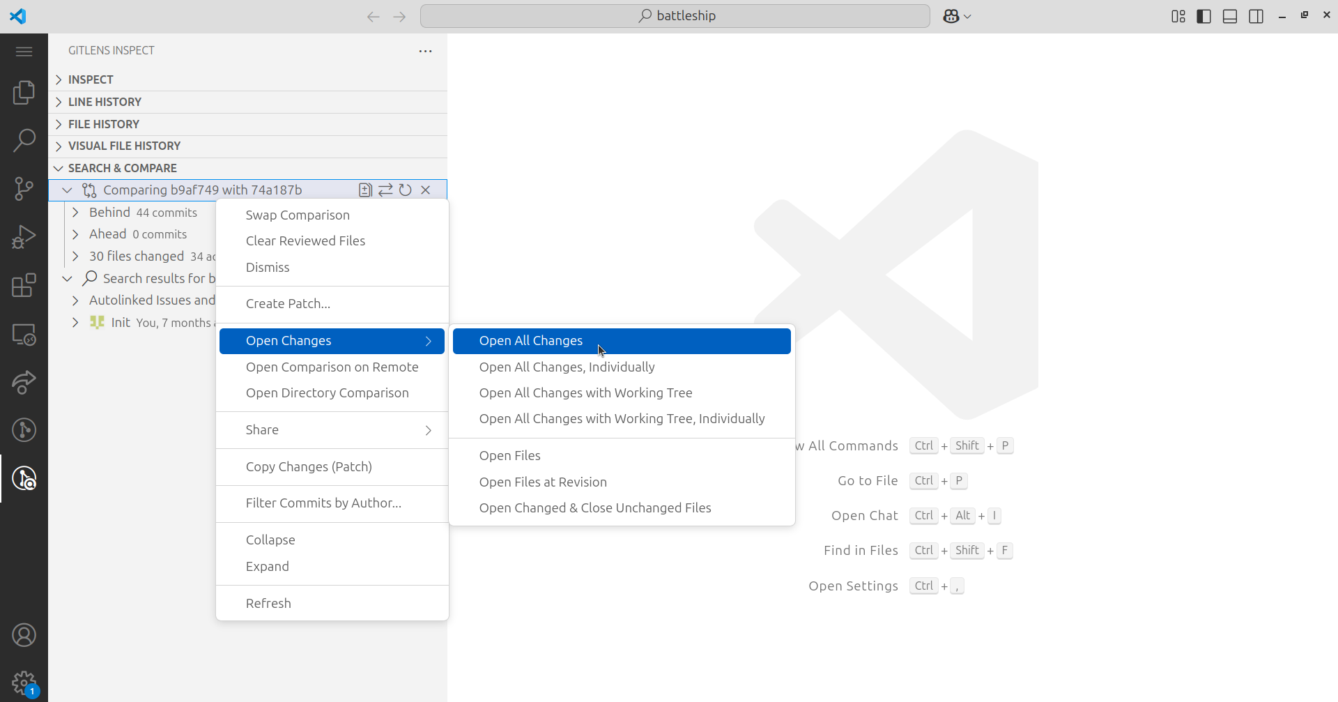 Viewing the comparison in GitLens