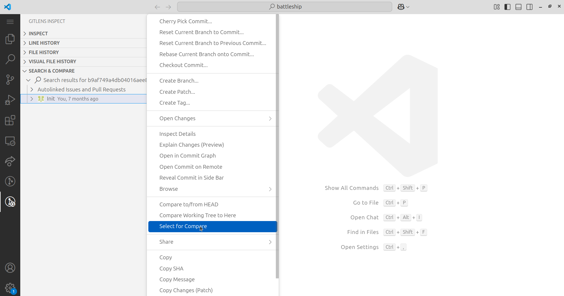 Selecting commit for comparison in GitLens