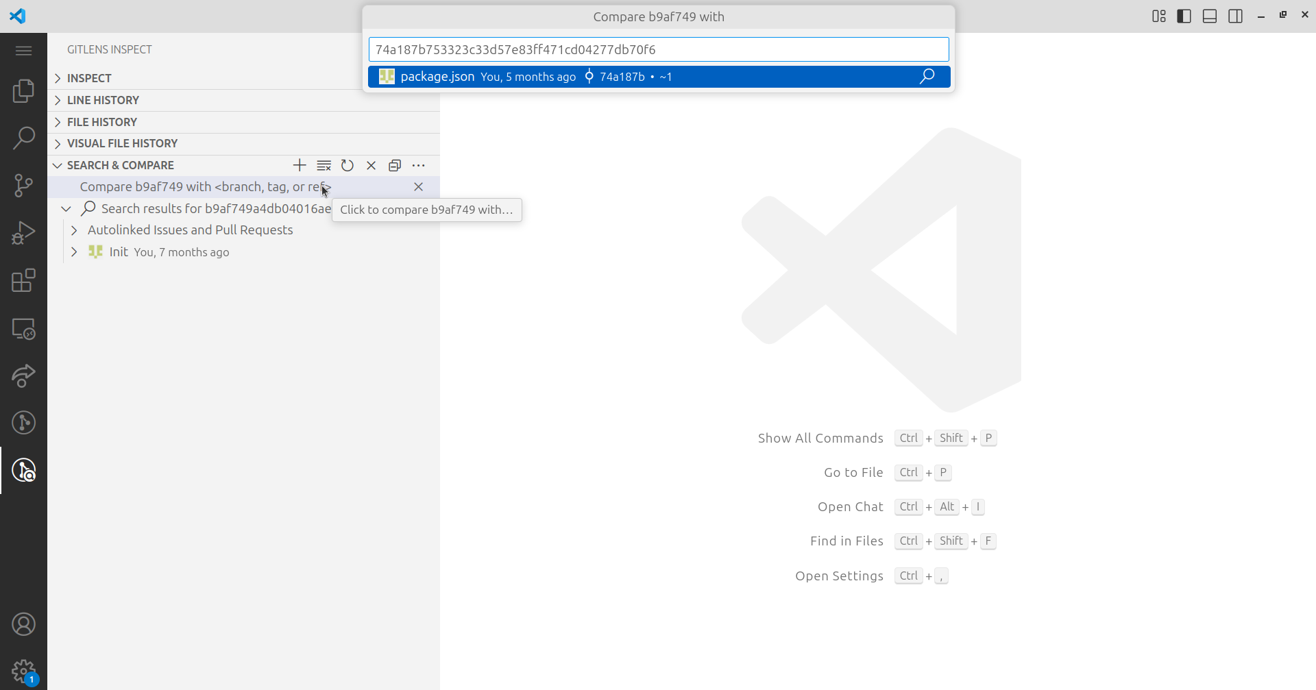 Entering the second commit SHA in GitLens