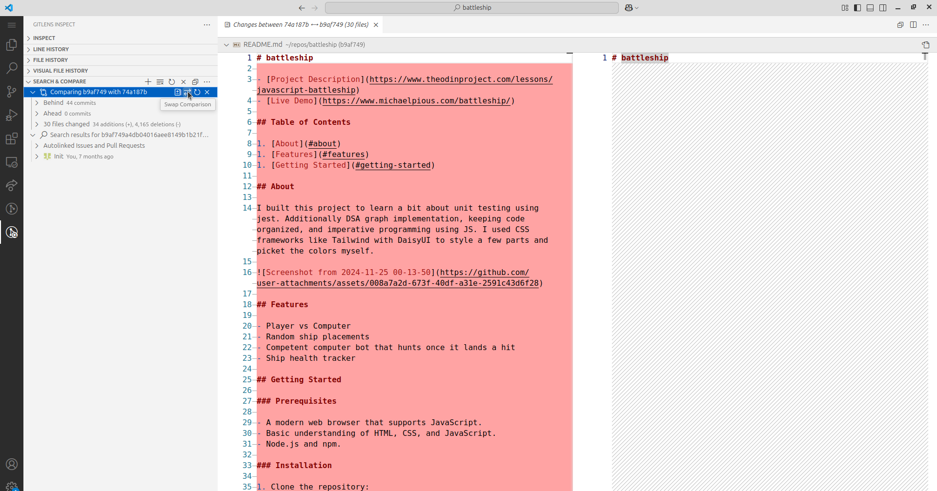Swapping commit comparison order in GitLens